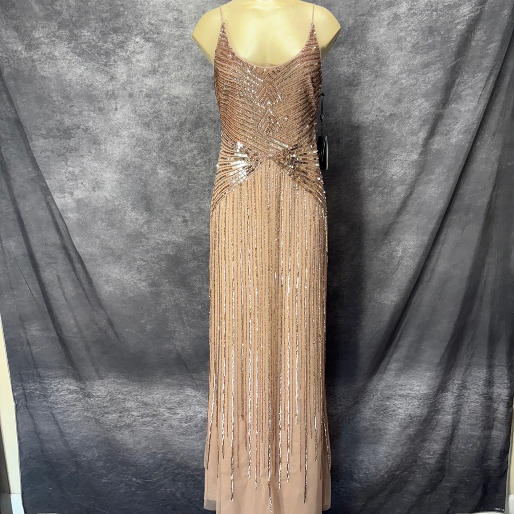 Adrianna Papell Rose Gold Beaded Tank Gown Maxi Dress Size 4 Sequin Formal Prom